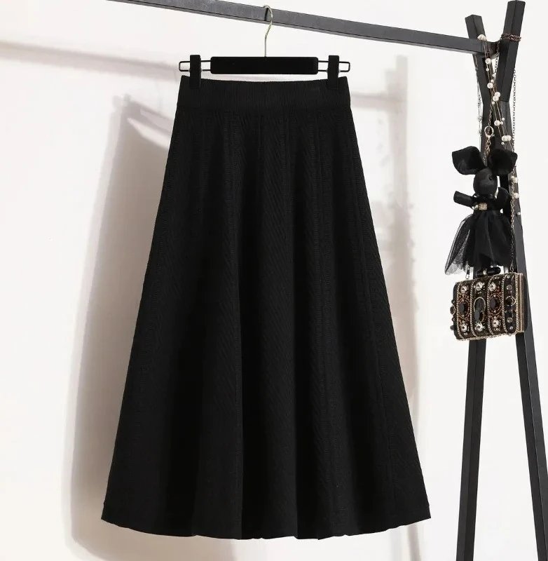 Otoño Invierno nueva falda suelta de cintura alta a media pantorrilla señora Color sólido prendas de punto suaves falda acampanada Mujer