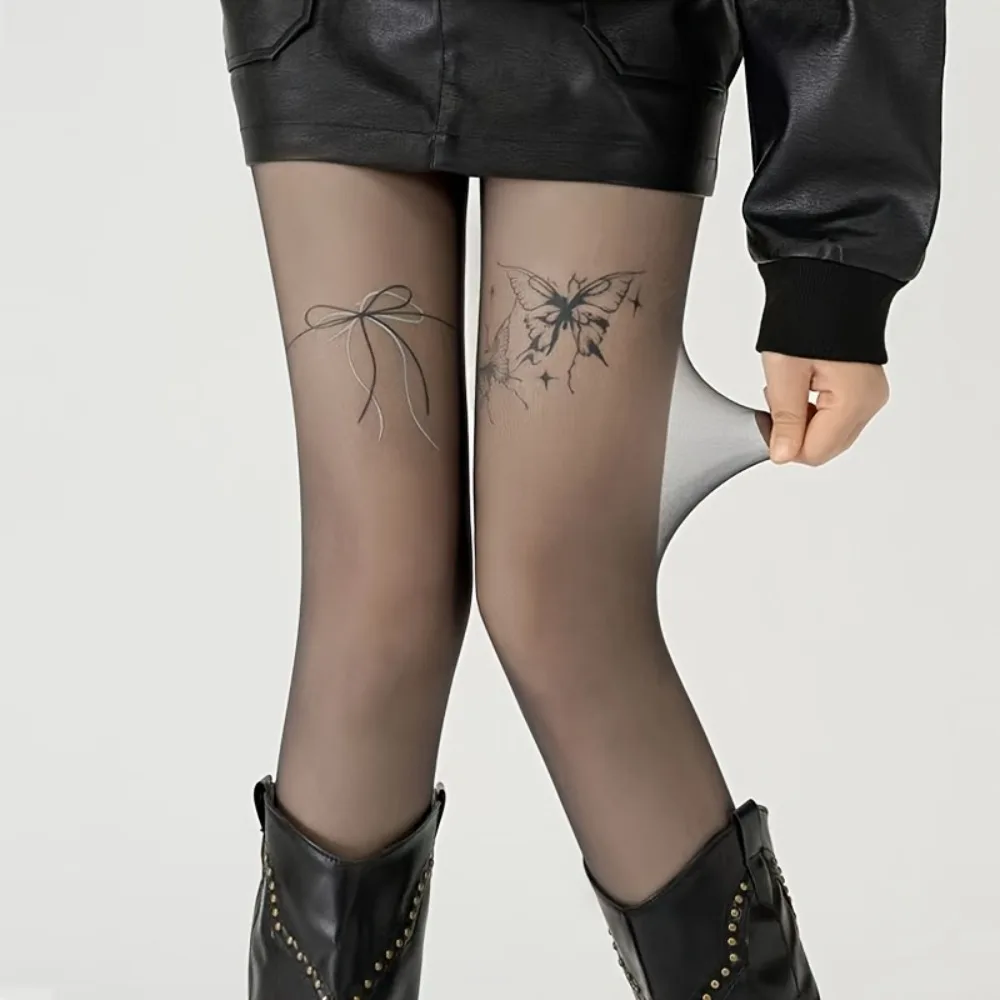 Sexy Black Lace Ultra-Thin Stockings Women's Vintage Tattoo Print  Pantyhose Spring Thin Model Black Silk Bottom Stockings