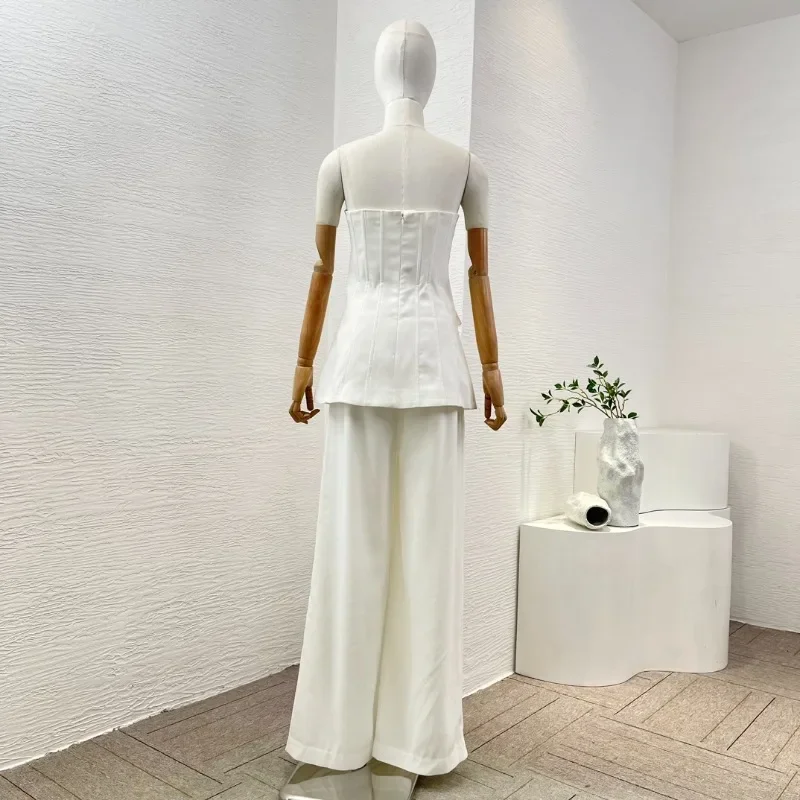 White Elegant Tops and Pants Set Waist Bandeau Pocket Decoration Sleeveless Blouse 2 Pieces High Quality 2024