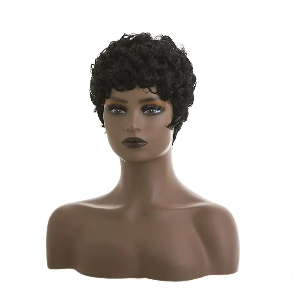Black Women Short Curly Afro Pixie Wig Synthetic Heat Resistant Short Pixie Cut Wig Black Color Fashion Daily Full Head Hair Wig