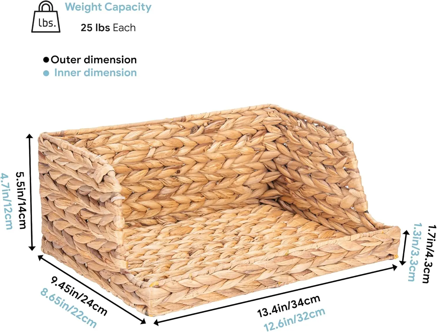 Water Hyacinth Storage Baskets with Large Open-Front for Kitchen, Decorative for Living Room, 13.4” x 9.5” x 5.5”, 2 Pack