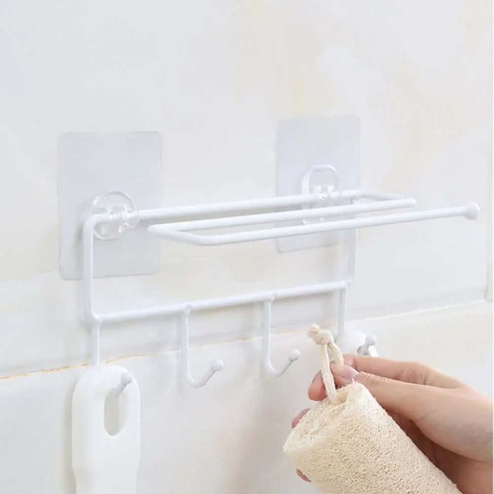White Self-Adhesive Iron Storage Rack Kitchen Paper Towel Holder Bathroom Towel Rack No Drill Easy Install Round Beads Support