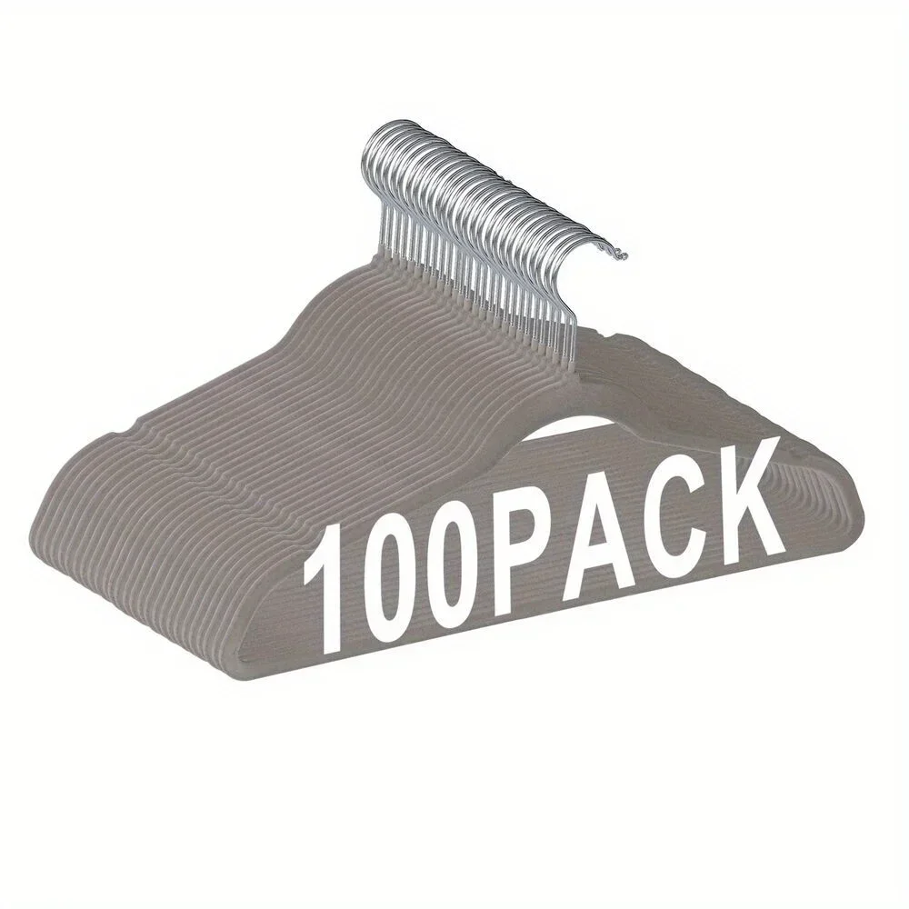 100 Pack Home Clothing Hanger Heavy Duty Non Slip Velvet Clothes Hangers Grey