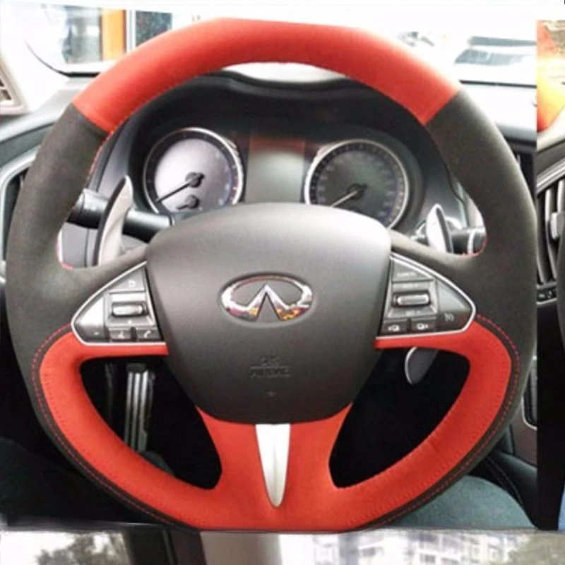 

For Infiniti Q50 Q50L 2013-2017 QX50 2015-2017 Hand Stitched black red suede car Steering Wheel Cover
