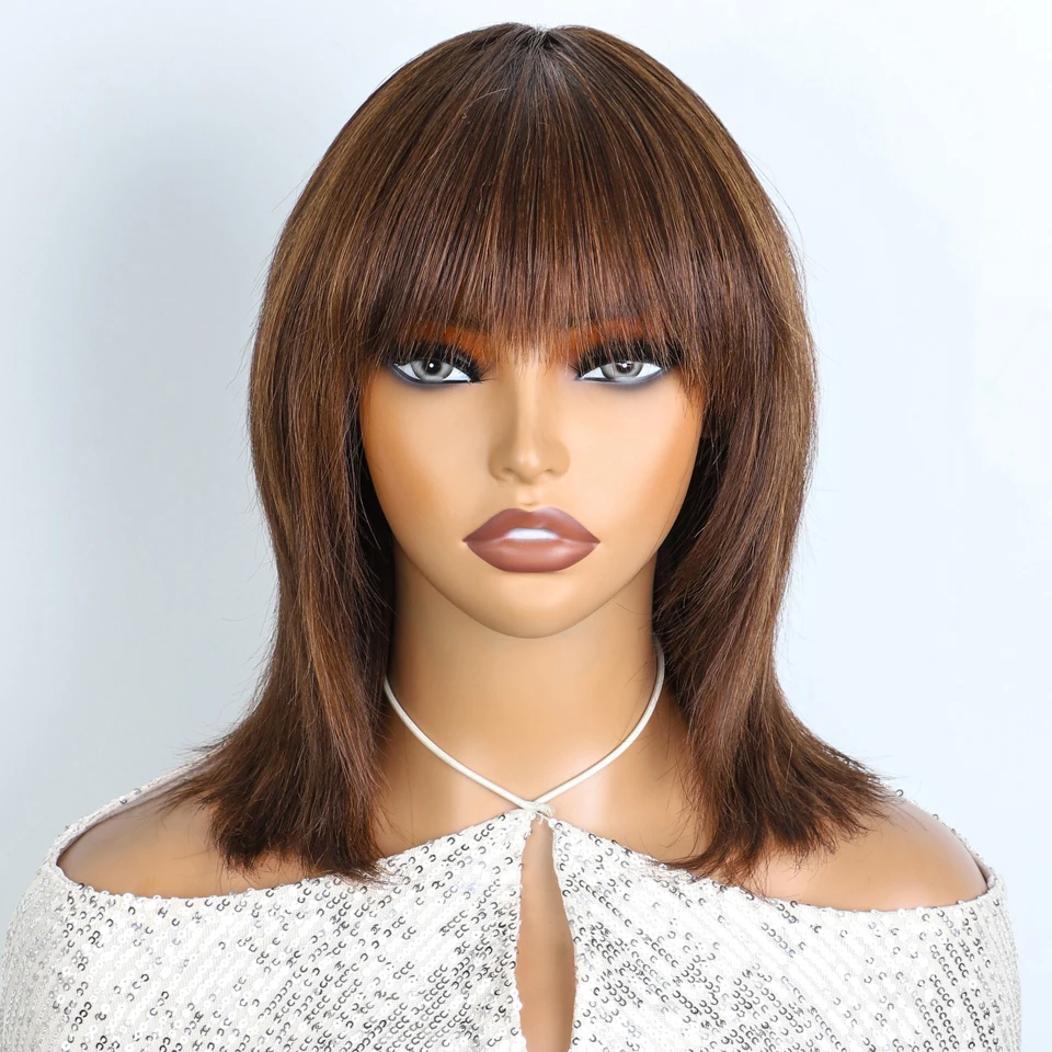 

Ombre Highlight Brown Short Bob Wig Yaki Straight Human Hair Wigs For Women Reddish Brown Brazilian Human Hair Wig With Bangs