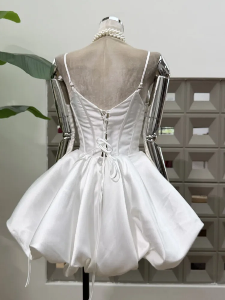 DFDG Vestido con corsé de algodón satinado elegante Pure Desire para primavera y verano 2025, vestido con tirantes finos con volantes y cintura atada