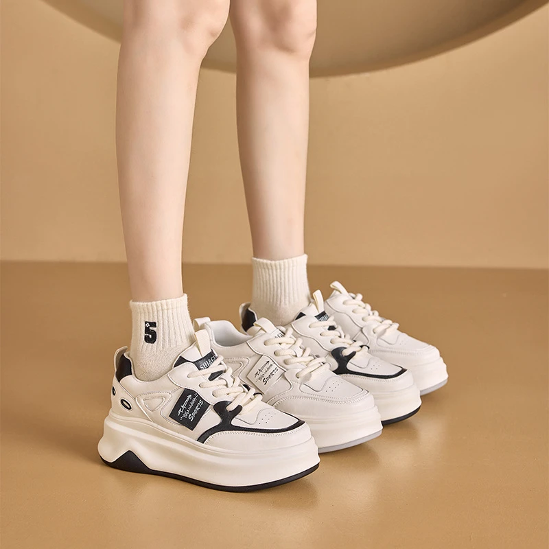 

Women White Platform Sneakers 2026 New Lace Up Simple With Gray Tongue Ultra Thick Sole Casual Walking Shoes For All Seasons