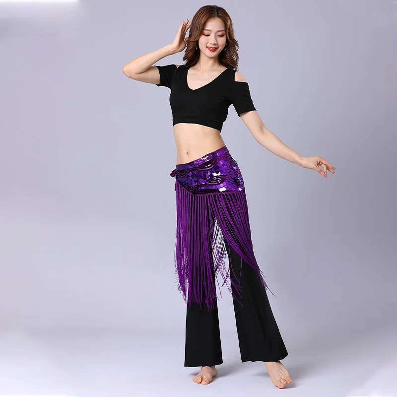 Nieuwe Dynamische Buikdans Taille Keten Taille Ornament Vrouwen Driehoek Lange Kwast Oosterse Dans Pailletten Zwart Volwassen Hippe Sjaal 4colo