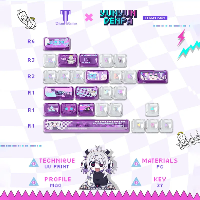 

TitanNation Dizzy Wave PBT Dye-Sub Keycaps Set MAO Profile PBT Sublimation Purple Kawaii Cat Ear Shape Keycap Replacement Cap