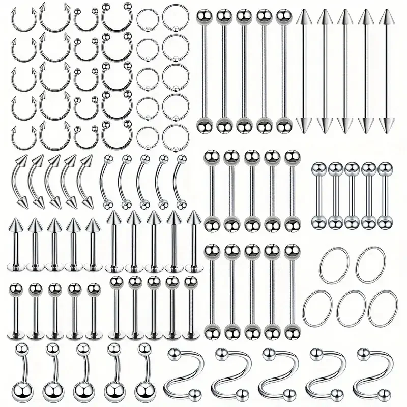 100pcs Stainless Steel Piercing Jewelry Set Nose Ring Lip Ring Eyebrow Nail Stud Earrings Tongue Nail Body Piercing Jewelry Set