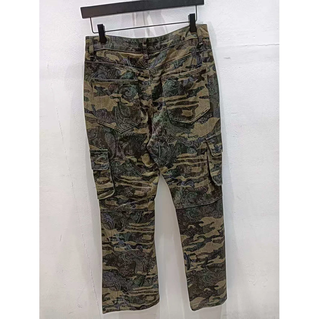 American Streetwear Cashew Flower Cargo Camouflage Trousers Men Slim Fit Workwear Camouflage Micro Flared Pants Casual Wide Leg