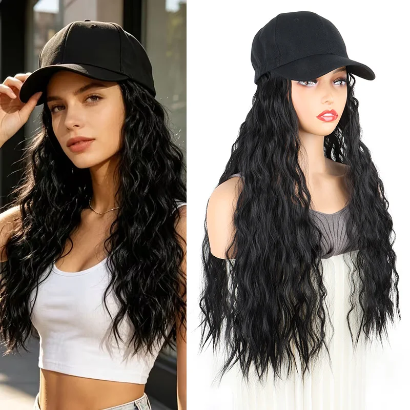 24Inch Synthetic Long Kinky Curly Hat Wig for Women Adjustable Black Baseball Cap Wig Daily Wear Hair Accessories