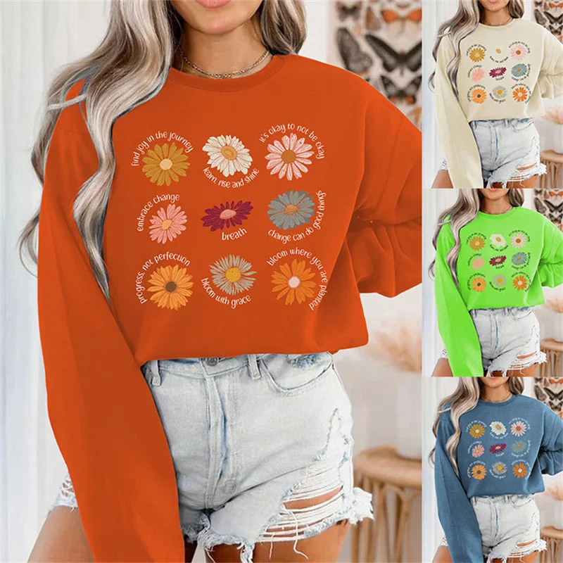 New autumn and winter women's cotton find joy in the nine chrysanthemum-printed long-sleeved crewneck hoodie