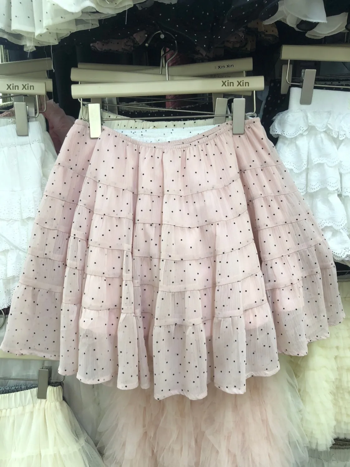 Pink Polka Dot Half Skirt Women's Summer Sweet Layered A-Line Splice Chiffon Cake Short Skirt High Waist Pleated Polyester Fiber