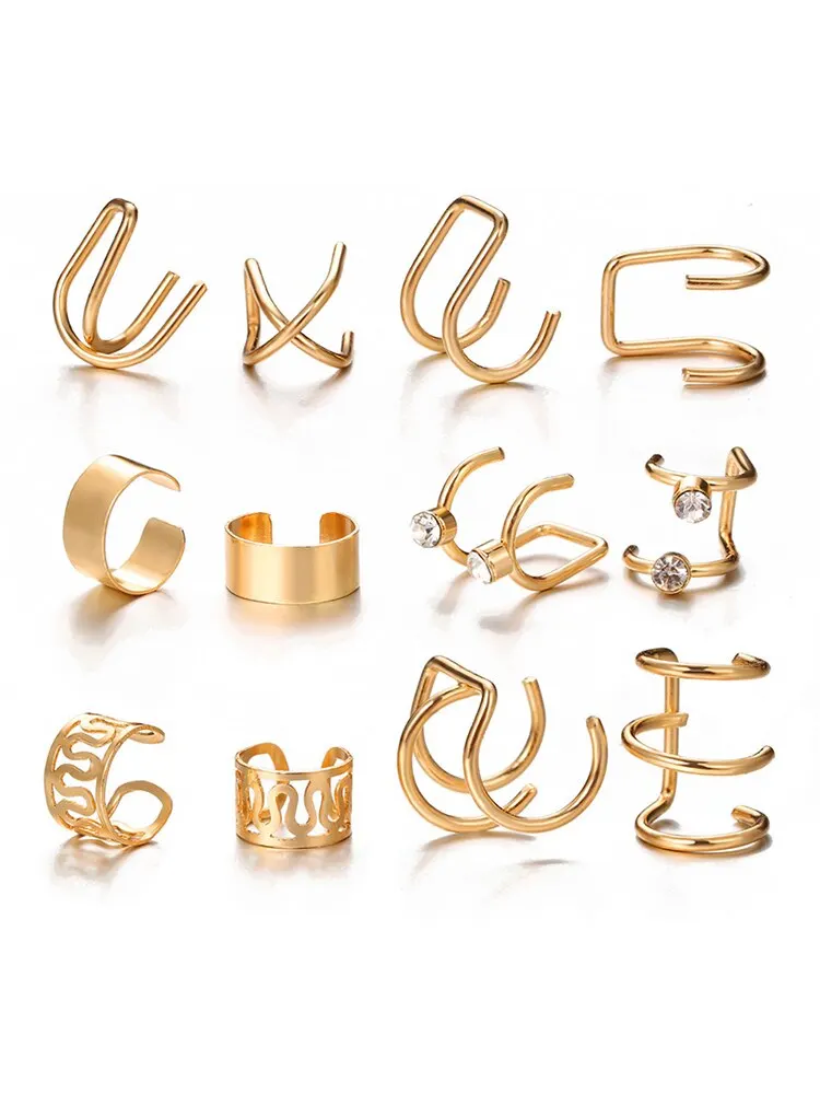 12 Pieces Vintage Gold Silver Color Ear Clip Earrings Set Crystal NonPiercing Ear Cuff Hollow Women Trendy Jewelry Wholesale