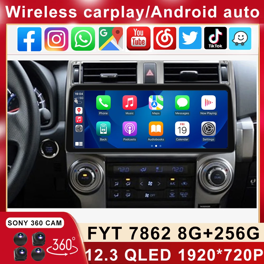 12.3 Inch 1920*720 QLED For TOYOTA 4runner 2009 - 2017 Android Car Stereo Multimedia Video Player Head Unit Carplay Auto SWC