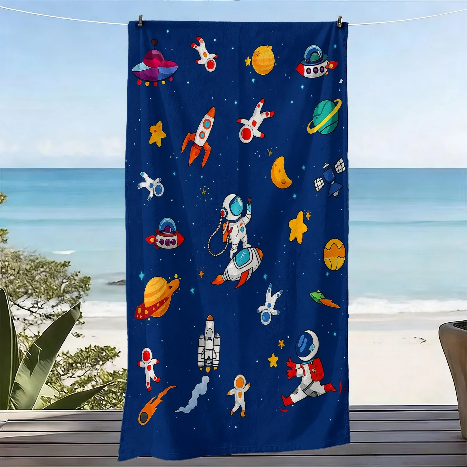 1pc Cartoon Space Theme Ultra-Soft Beach Towel | Astronaut, Rocket, Planet Print, Microfiber, Quick-Dry, Super Absorbent