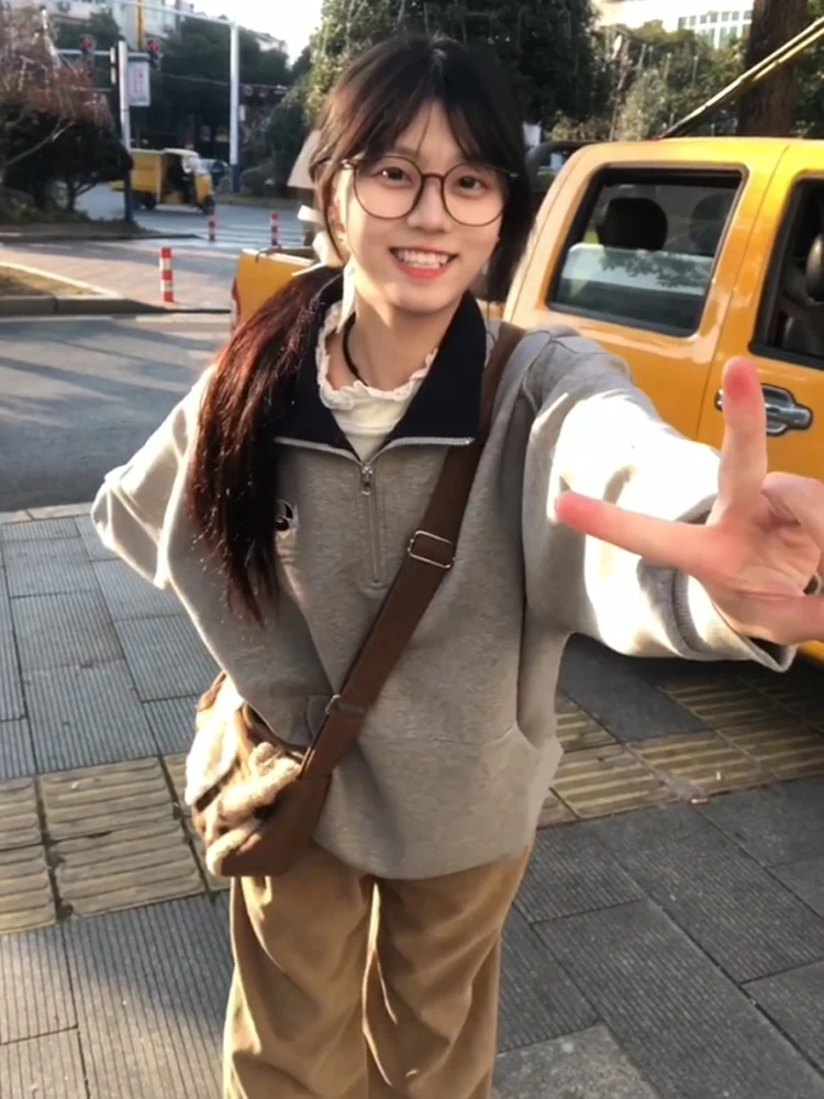 Retro American College Sle Farbe Blo Kragen f Zipper Hoodie frauen Frühling Herbst Neue Paar Keine Kappe High-End-Top