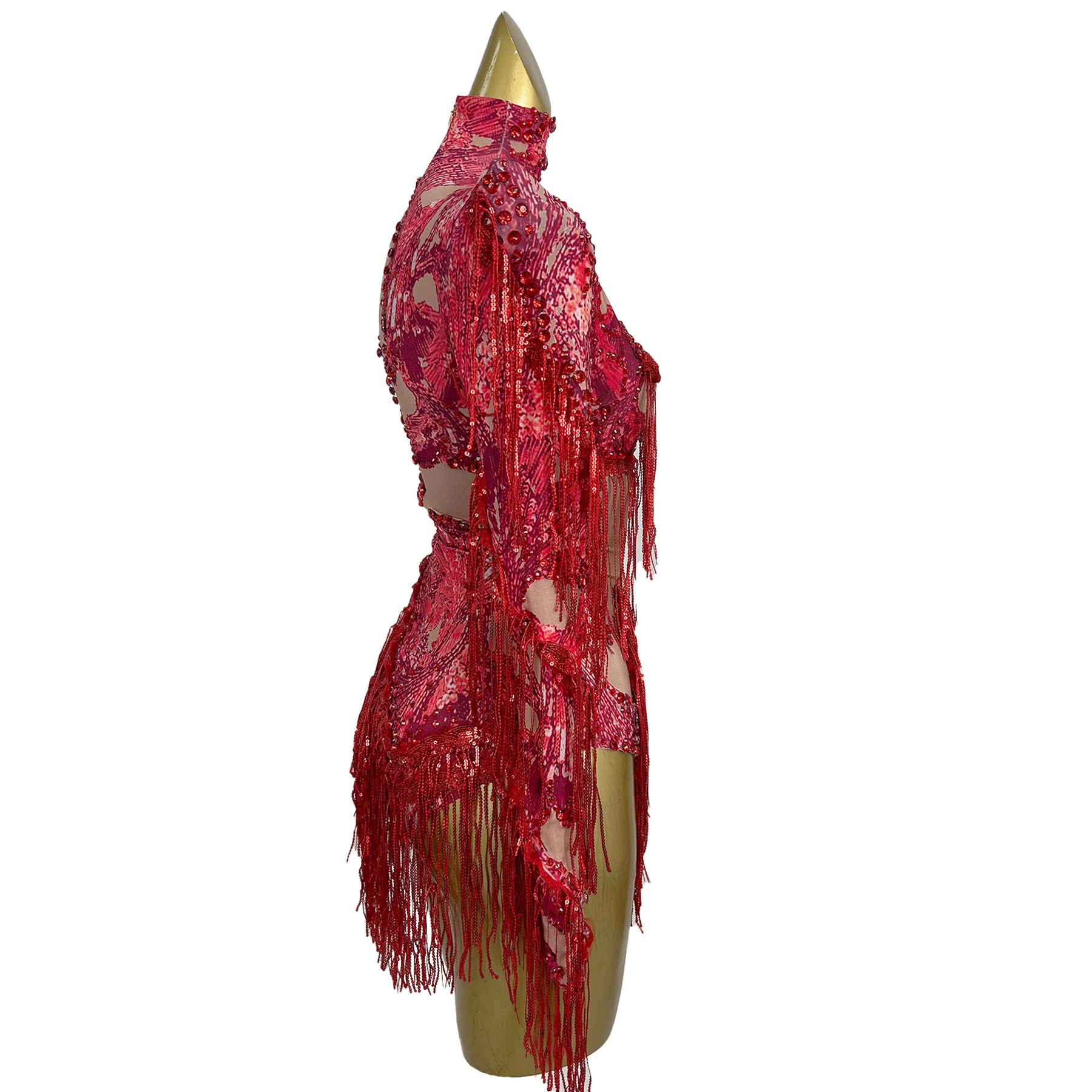 Duxiu One Sleeved Women Jumpsuit Red Rhinestone Fringe Skirt Bar Celebrity Performance Costume Latin Dance Pole Dance Skirt