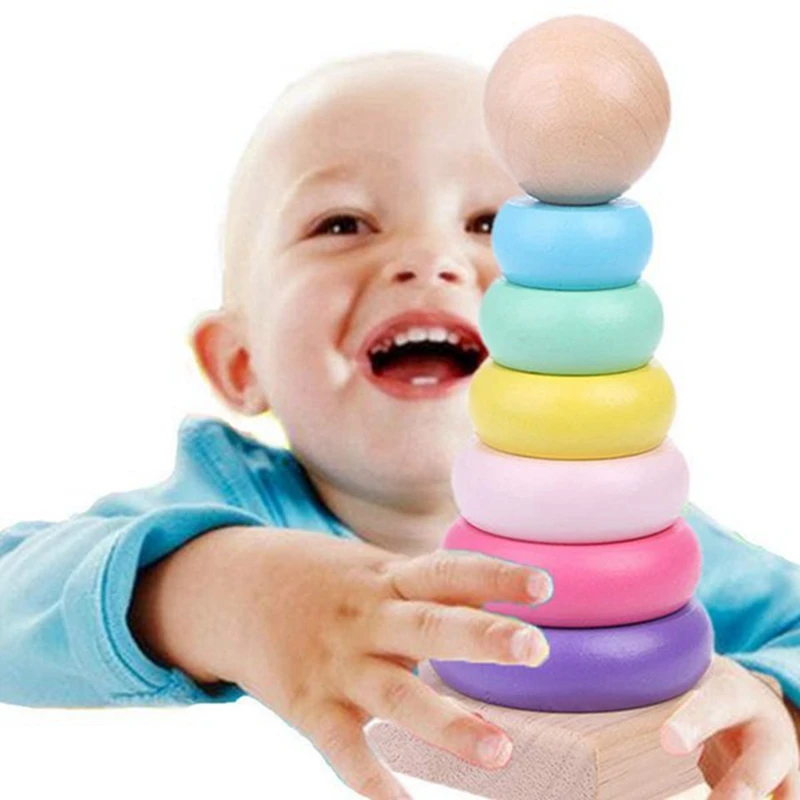 Rainbow Stacking Ring Tower Staple Ring Blocks Baby Gift Toys Early Teaching Aids Wood Toddler Baby Toy