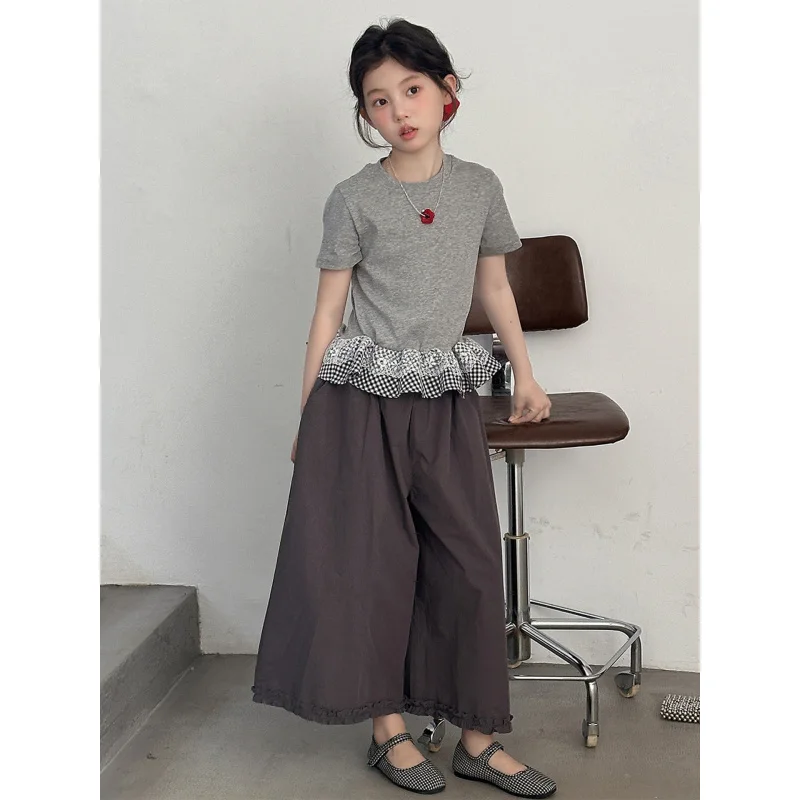 

Korean-style girls' plaid lace short-sleeve shirtTT-shirt Suit2026New stylish two-piece wide-leg pants set for older children