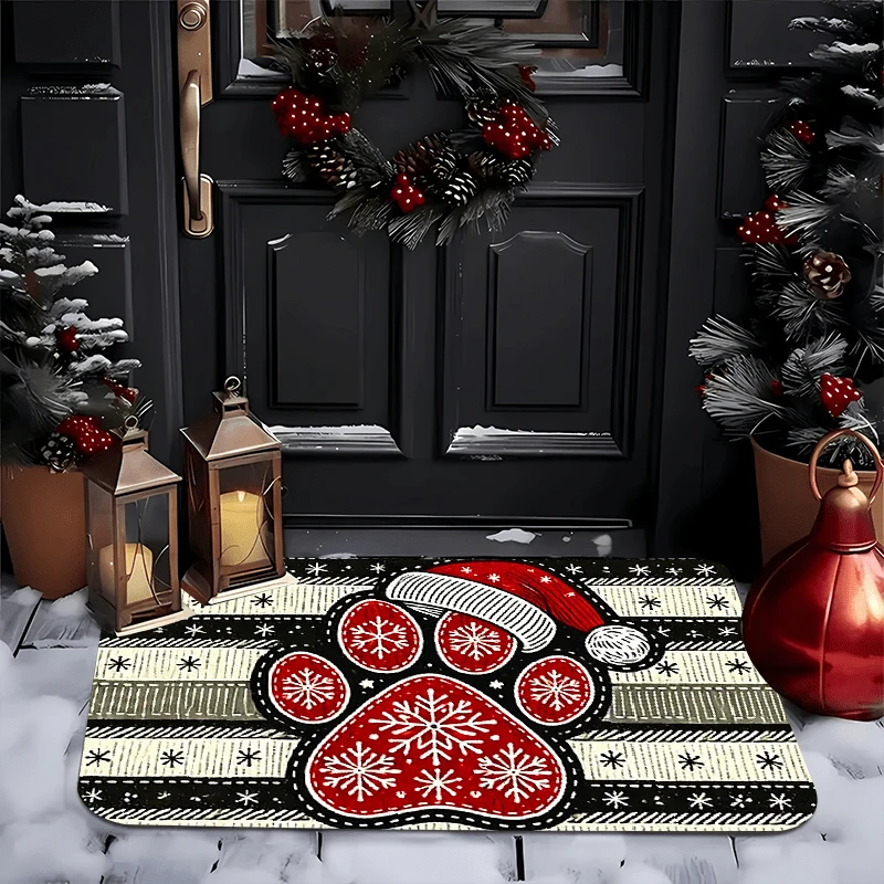 VIKAMA Christmas Pet Paw Doormat Santa Hat Snowflake Plaid Non Slip Absorbent Floor Mat Dog Lover Holiday Front Door Home Decor
