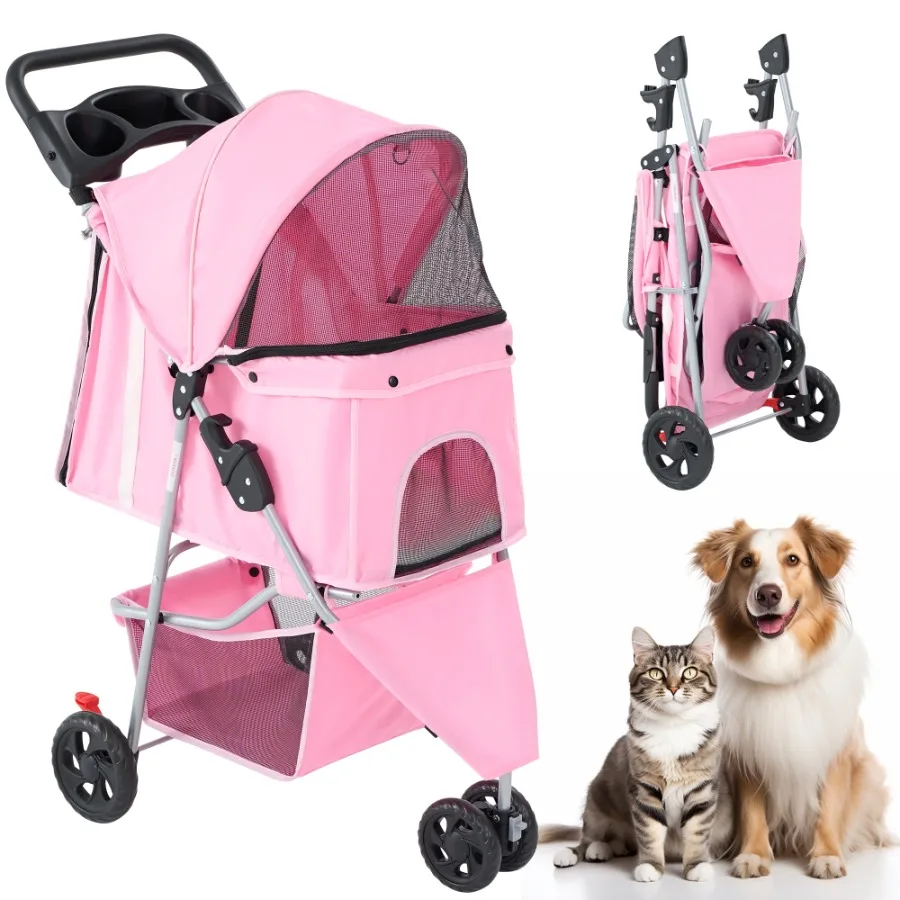 3-Wheel Pet Stroller for Active Dog Owners: Perfect for Jogging Walks and Errands with Brhable Mesh Ample Storage and Cup Holde