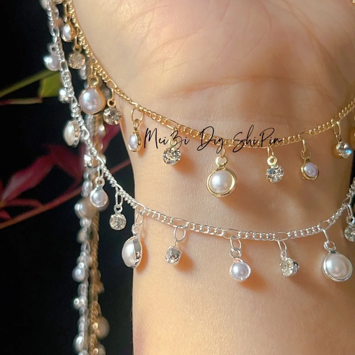 DIY Chain for BJD Doll Necklace with Pearl Edged Baroque Beads and Rhinestones Hair Braiding Jewelry Accessory