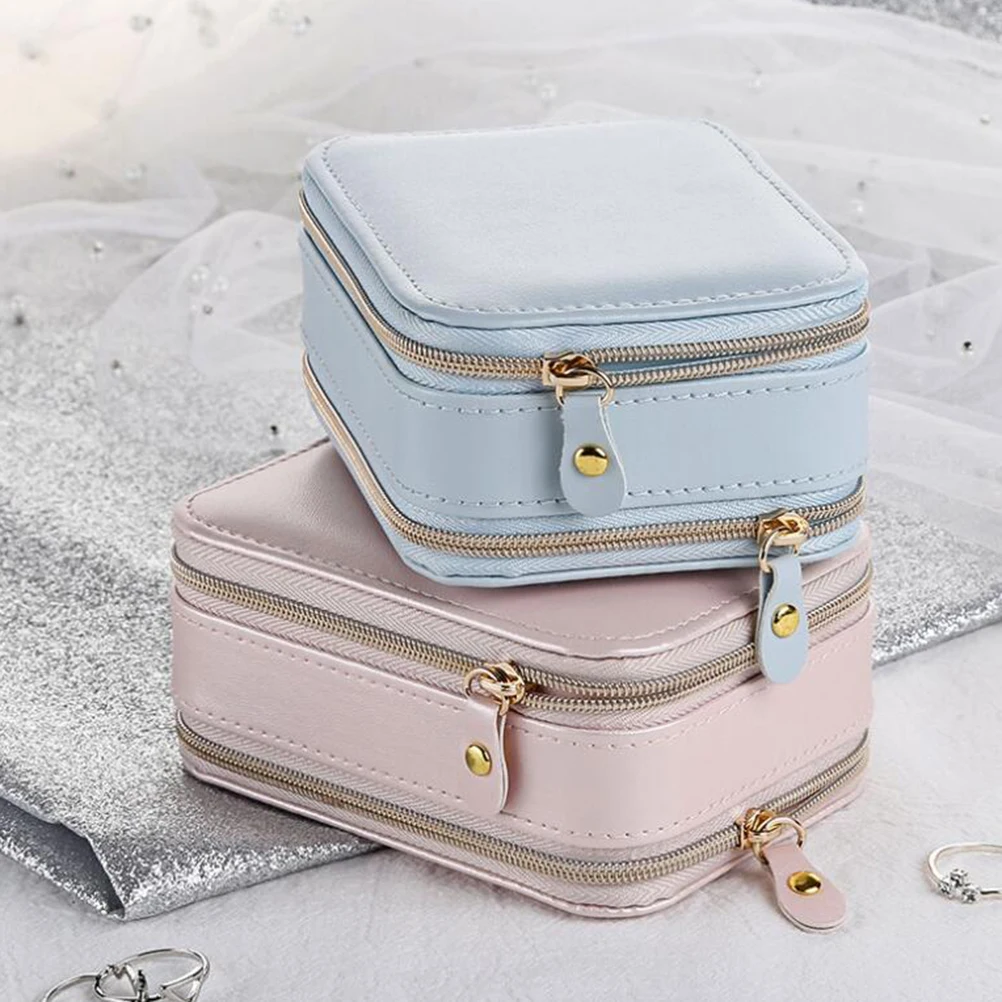 

Portable Zippered Jewelry Box PU Multifunction Jewelry Case with Built-in Mirror for Women Girls (Light Blue)