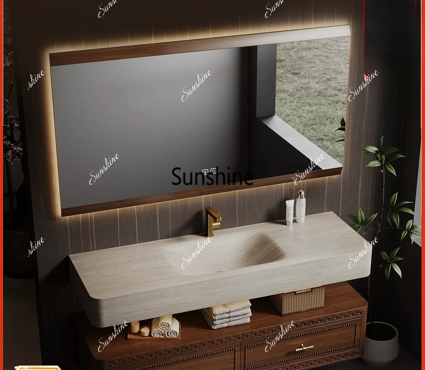 New Chinese style, bathroom cabinet combination rock slab hot bend hanging arc washing table