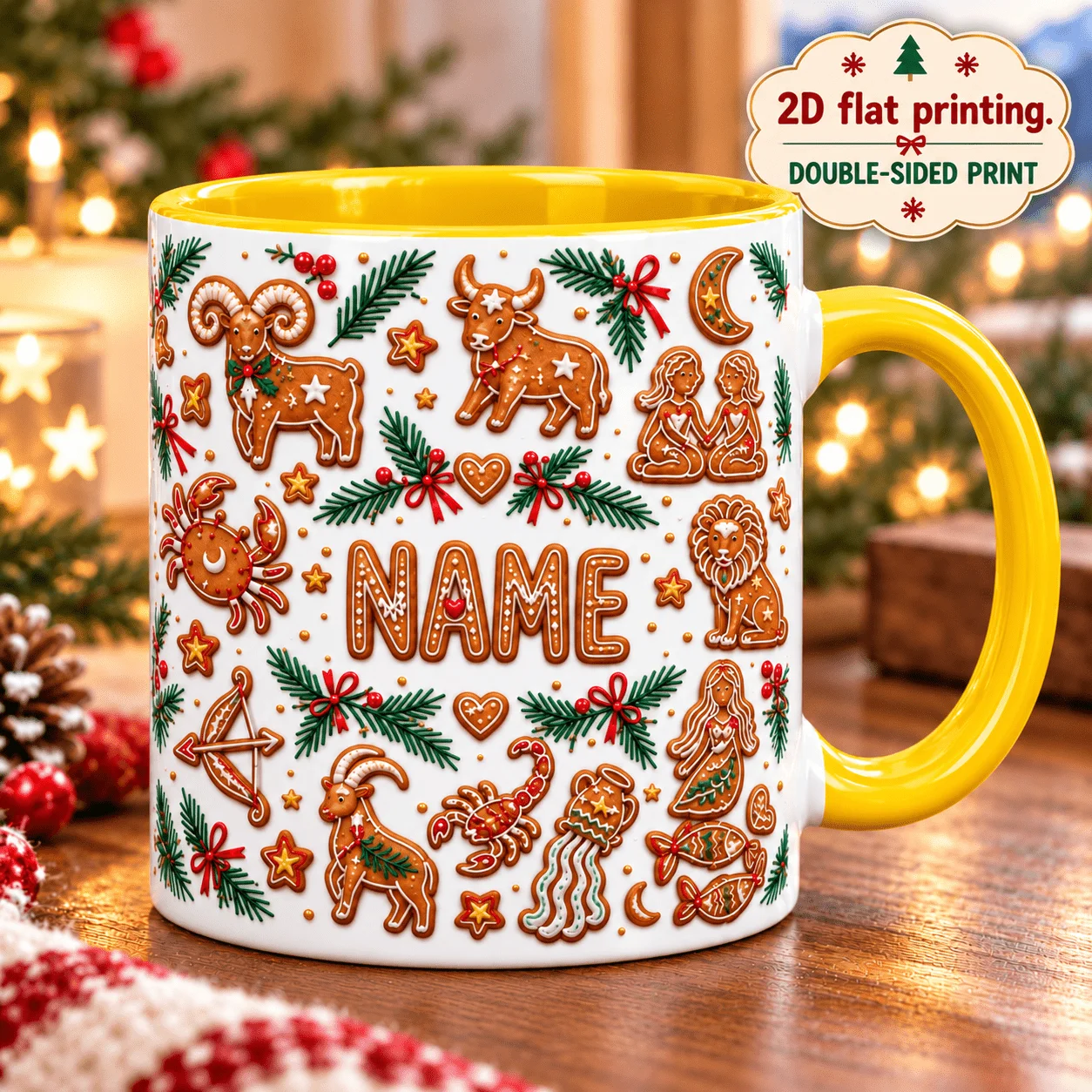 2D 1pc 11oz Personalized Custom Zodiac Gingerbread Mug,Christmas Holiday Gift,Hand Wash Only Microwave Safe,Friend Coffee Cup