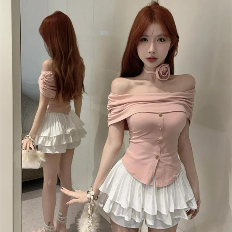 

Sweet Spicy Style Women Elegant Sexy Off Shoulder 3D Flowers Tie Halter Neck Split Hem Top Tier Skirt Set