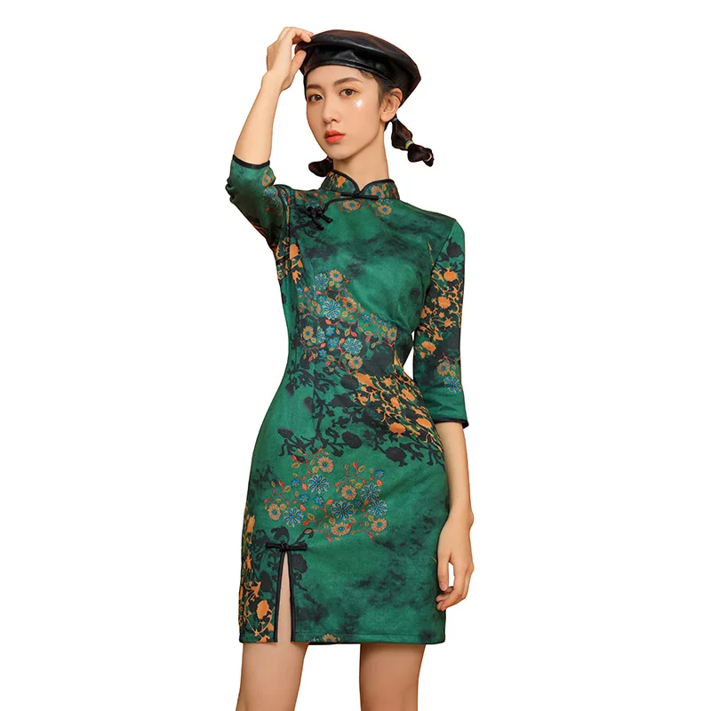 Sexy New Brocade Satin Short Fork Cheongsam Chinese Classic Women\'s Qipao Elegant Short Sleeve Novelty Wedding Evening Dress