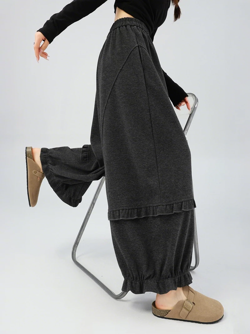 

Женские повседневные брюки с эластичным поясом, осенне-зимние, широкие, длиной 7/8, фасон «фонарик», с отделкой «под дерево», для офиса и повседневной носки