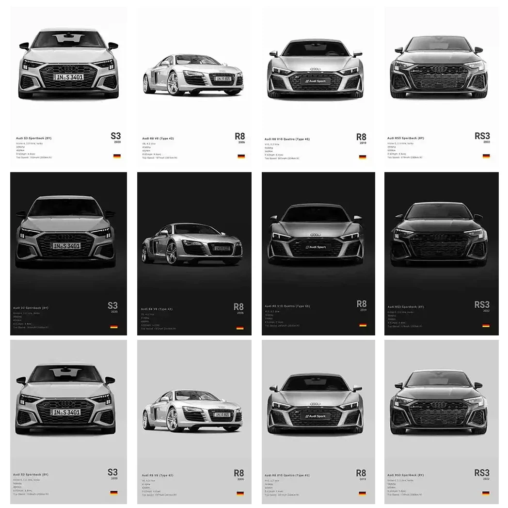 

Modern Pop Car Home Decor Wall Art Posters S3 R8 RS6 C8 RS4 RS3 Classic Room Wall Decor Gifts for Car Enthusiasts Picture Print