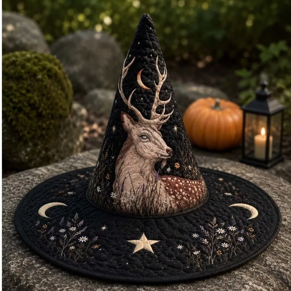 Gothic Wide Brim Halloween Witch Hat Cosplay Quilting Process Festival Hat Vintage Flower Pointed Wizard Hat Cosplay Party
