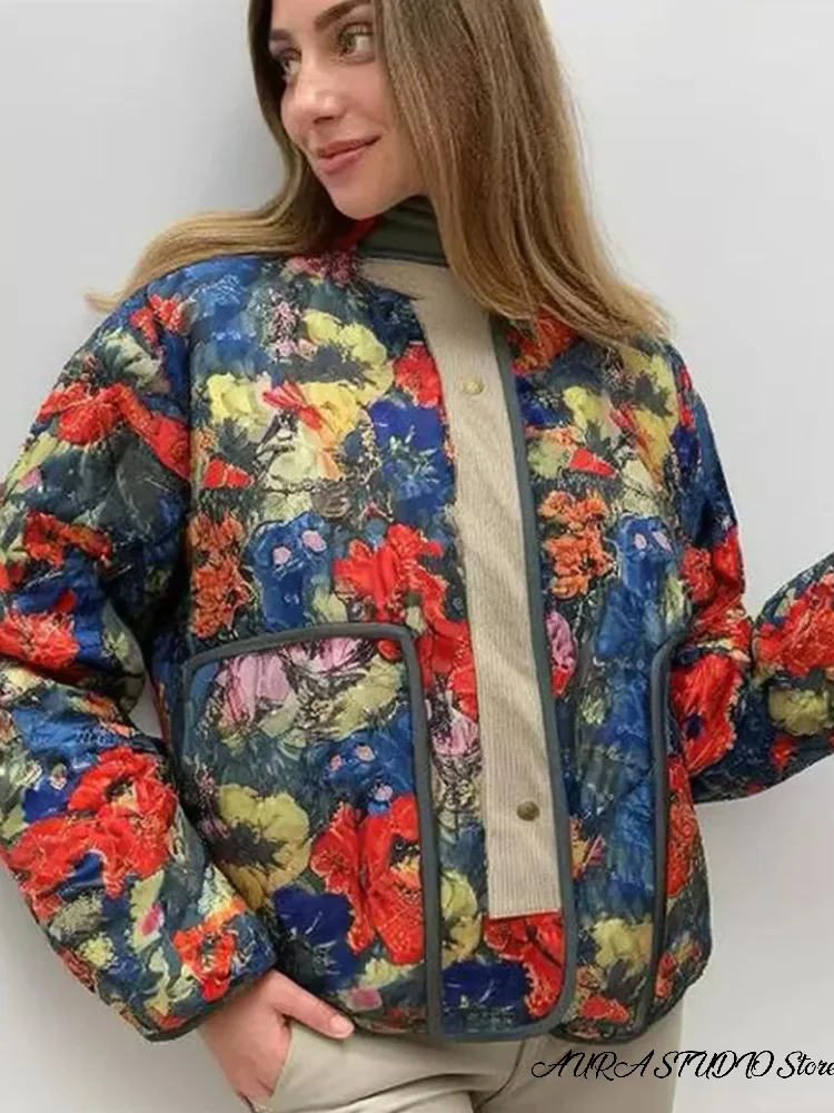 Multi Color Printed Loose Round Neck Women's Jacket Fashion Single Breasted Long Sleeved Outwear 2026 Autumn Street Outfit New