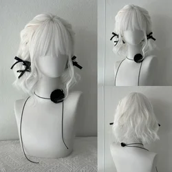 HENRY MARGU Egg Roll Wavy Synthetic Hair Wigs White Short Wave Cosplay Wig with Bangs Christmas Wigs for Women Heat Resistant