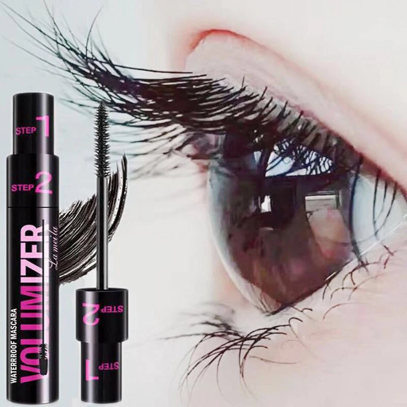 Mascara Waterdichte Wimper Extensie Zweetbestendige Natuurlijke Curling Borstels Make-Up Oogvezel Make-Up 2in1 Dubbele Wimpers Zwart