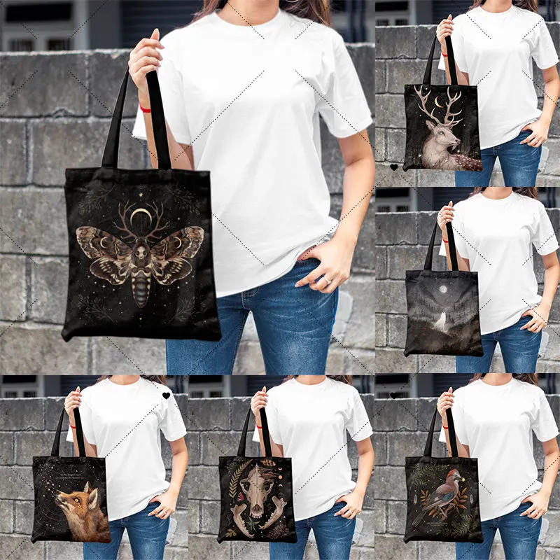 Dark Black Butterfly Deer Fox fashion Square Convenient Environmental Friendly Reusable Portable Women's Canvas Supermarket  Bag