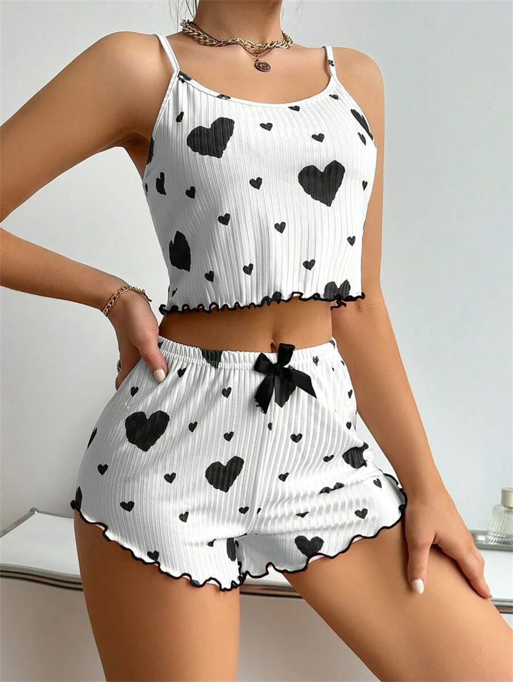 Summer Sweet Sexy Striped Heart Print Sling Camisole Shorts Sleepwear Two-piece Women Soft Sleeveless Nightwear Casual Homewear