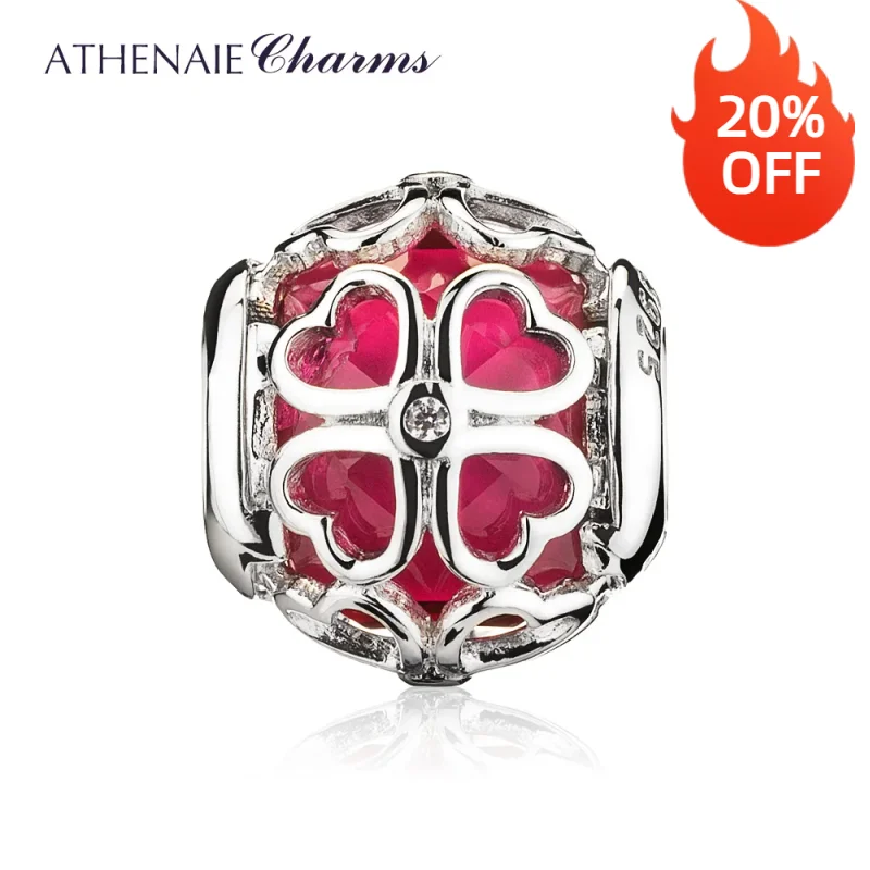 ATHENAIE 925 Sterling Silver Cerise Charm CZ Encased in Lucky Clover Charms Beads Valentine's Day Gift For Women DIY Jewelry