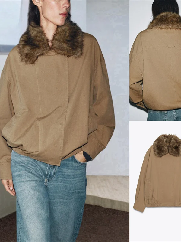 عارضة Sle الفراء الاصطناعي طوق الطيار Jaet جديد الخريف المرأة Faion ملابس خارجية سستة إغلاق طويل Sve اللون