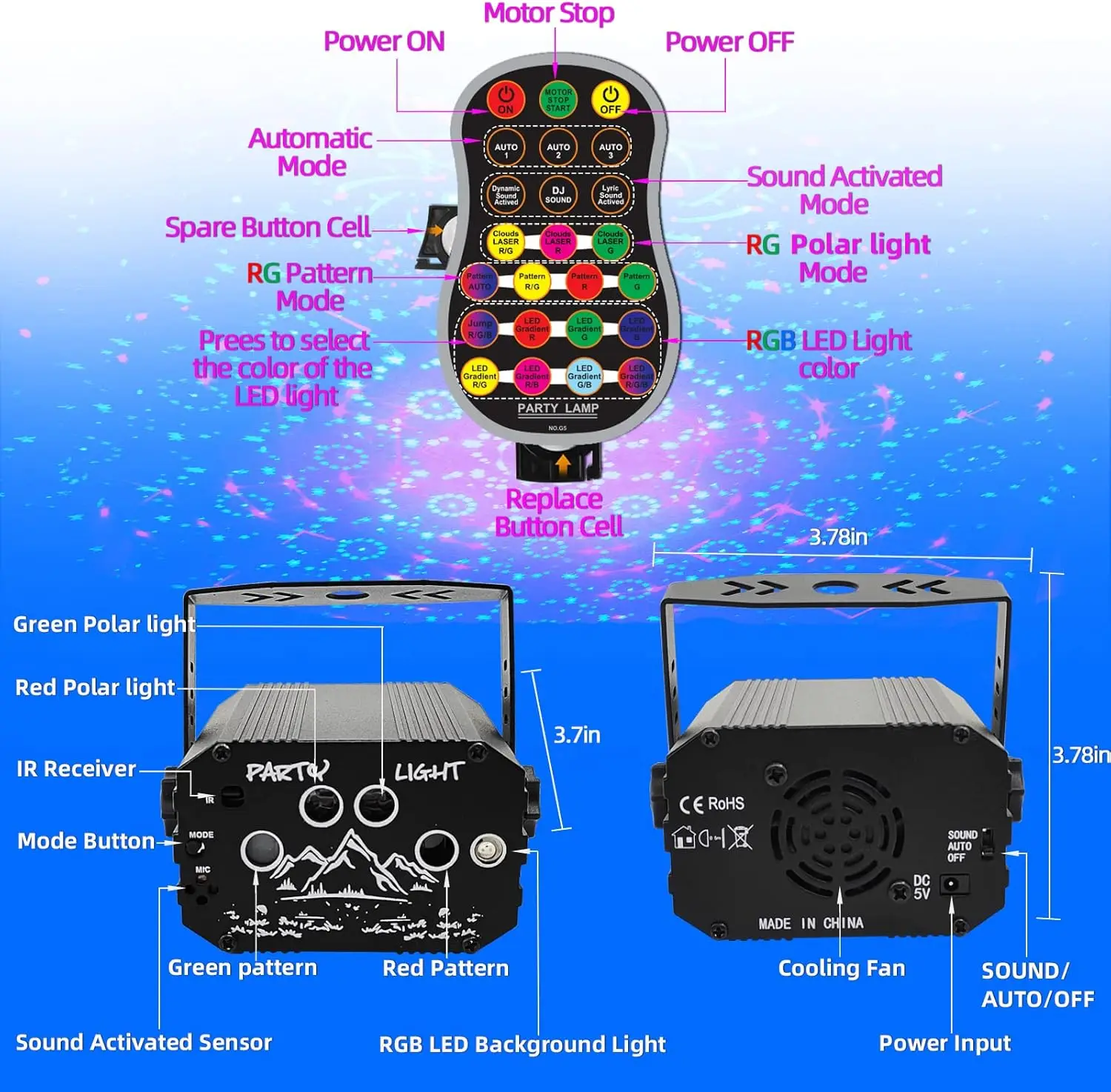 Подарок на день рождения, декоративные светильники для вечеринки, портативный мини-диско-шар 3-в-1, DJ сценический стробоскоп, RGB-свет, умный пульт дистанционного управления, питание от USB