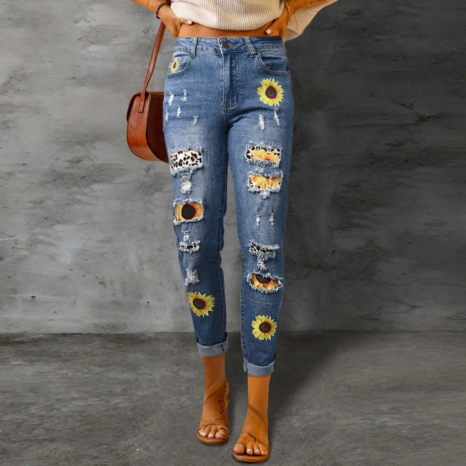 Women's Sunflower & Leopard Print Patchwork Jeans High Waist Distressed Denim Pants