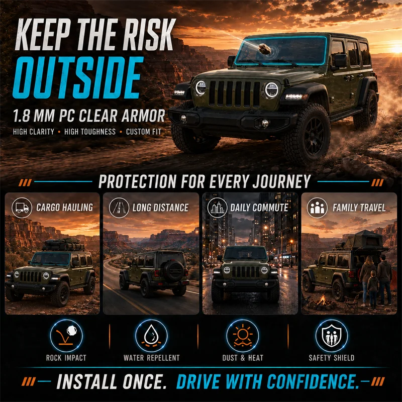 DPEL For Jeep Wrangler JL JLU 2018-2026 1.8mm 3D Clear Windshield Armor Custom Fit Rock Chip Protection Shield