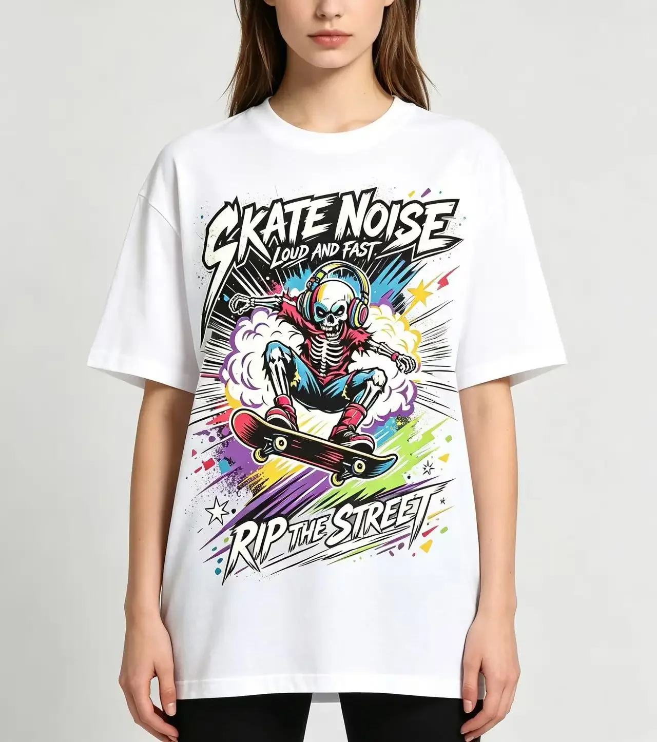 Unisex Skate Noise Skeleton Skateboard Graphic T‑Shirt Men Women Colorful Street Skater Print Casual Short Sleeve Streetwear Tee Tops