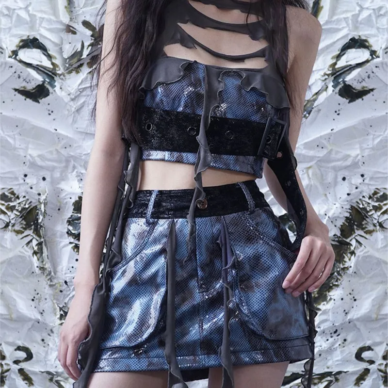 Niche Design Ripped Stitching Vest Camisole Sexy Hot Girl Waste Soil Style