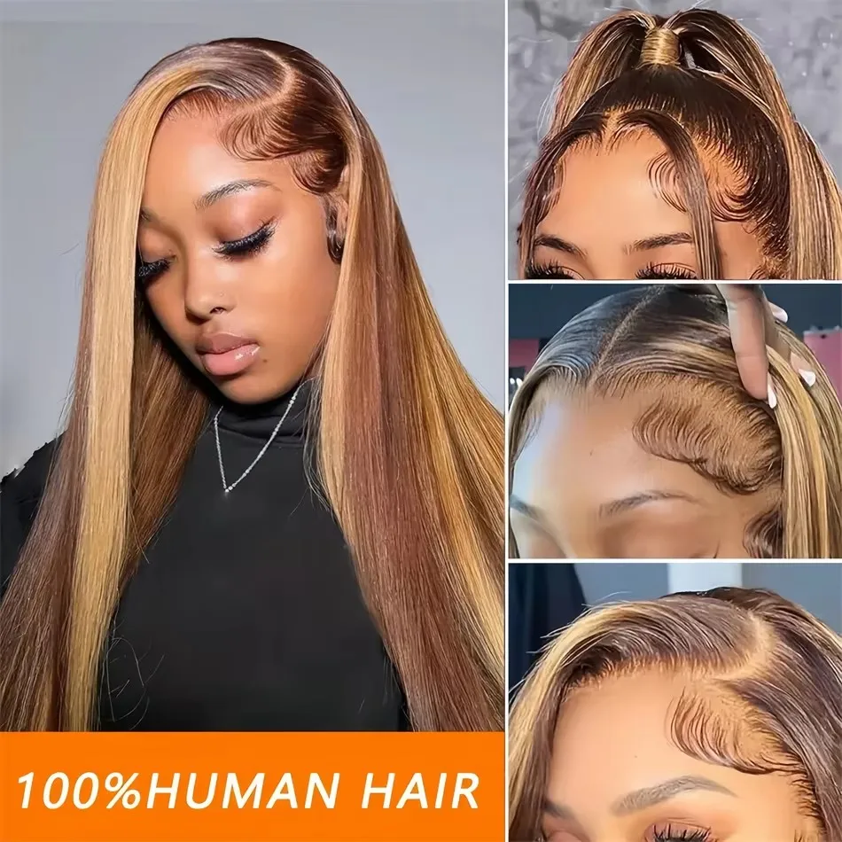 Destaque peruca de cabelo humano peruca dianteira do laço osso em linha reta loira ombre cor brasileira 13x4 perucas frontais do laço para as mulheres pré arrancadas