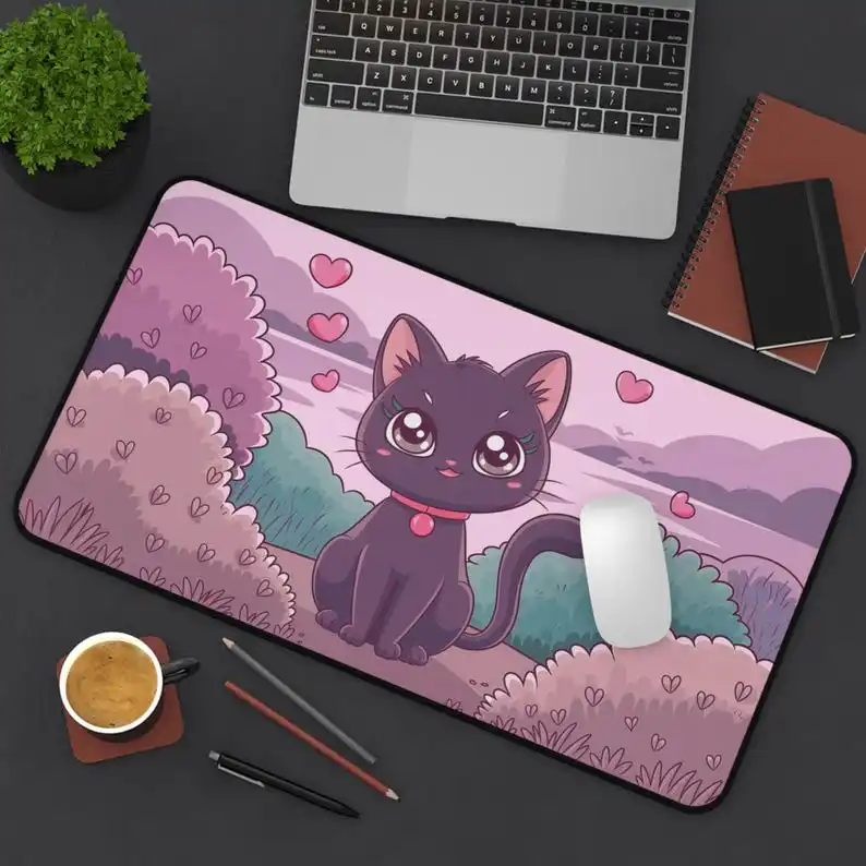 

Black Cat Desk Mat, Cute Girly Style Gaming Mouse Pad, Attractive Computer Desk Mat, Non-slip and Durable Gaming Desk Mat
